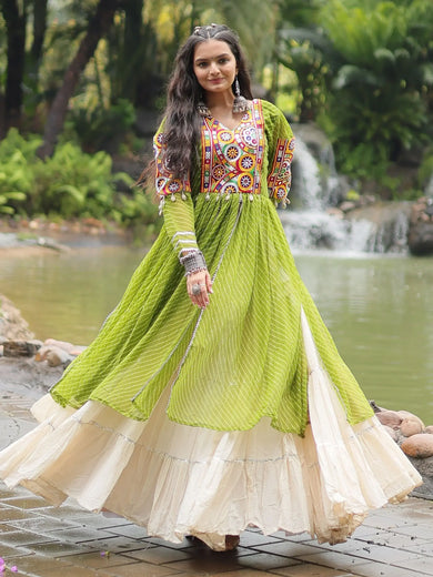 Awesome Green Mirror Work Cotton Navratri Wear Kurti With Lehenga